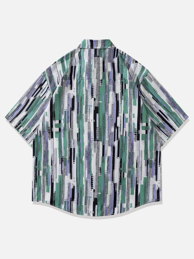 Chemise à Manches Courtes Aelfric Eden Contrast Geometric Stripe Vert | EOL-50423679